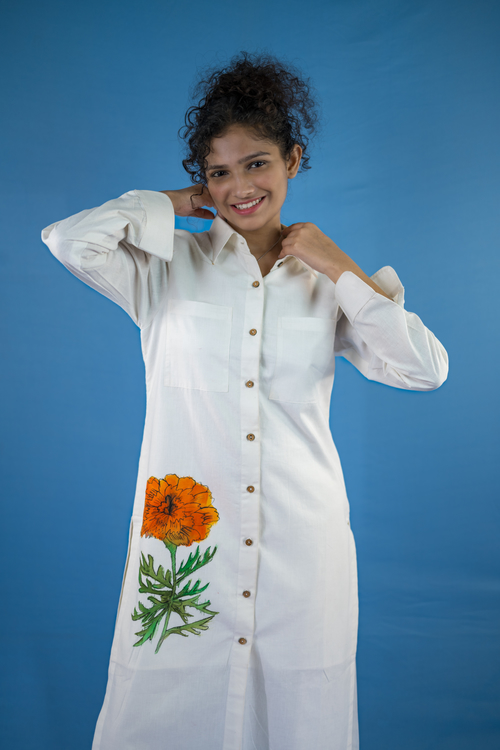 Pure hand-woven cotton tunic front open with wooden button details, full sleeves, lining and  side slits with stright trouser.