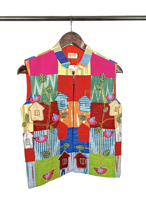 Pure hand-wooven cotton patch jacket emellish with hand-embroidery