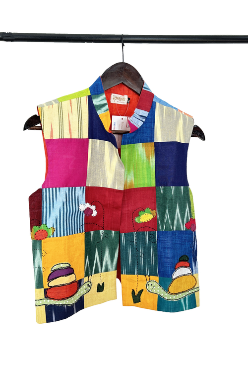 Pure hand-wooven cotton patch jacket emellish with hand-embroidery 