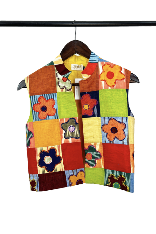 Pure hand-wooven cotton patch jacket emellish with hand-embroidery  