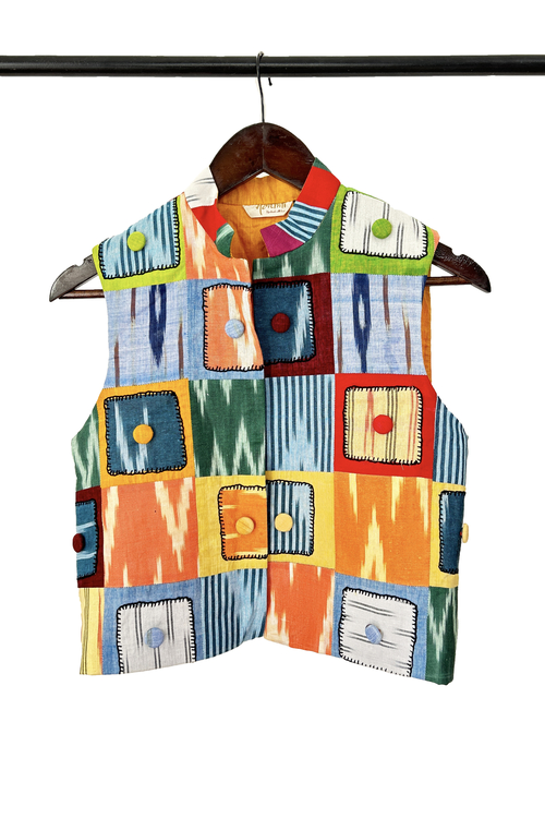 Pure hand-wooven cotton patch jacket emellish with hand-embroidery