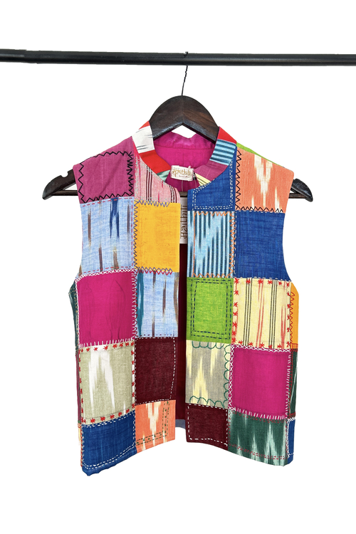 Pure hand-wooven cotton patch jacket emellish with hand-embroidery
