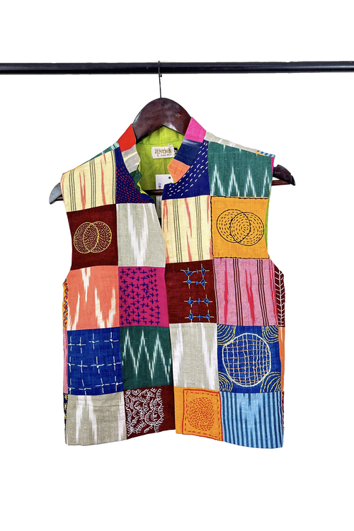 Pure hand-wooven cotton patch jacket emellish with hand-embroidery