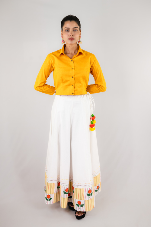 pure hand-woven cotton lehenga set with  patchwork on border with marigold aplique work, Embalished with multicolour kantha stich.