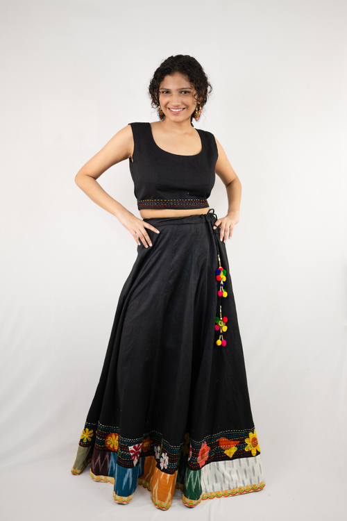 pure hand-woven cotton lehenga set with multicolour patchwork on border. 