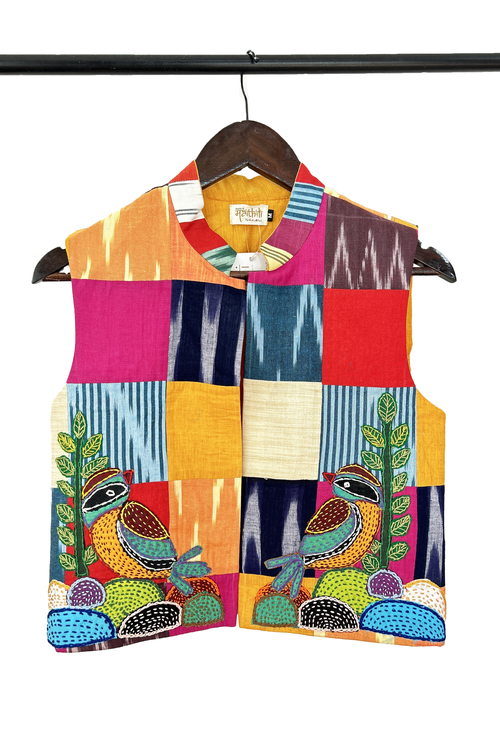 Pure hand-wooven cotton patch jacket emellish with hand-embroidery