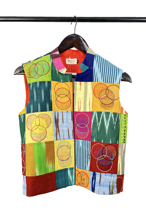 Pure hand-wooven cotton patch jacket emellish with hand-embroidery 