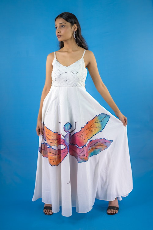 Pure hand-woven cotton maxi dress with noodle straps.