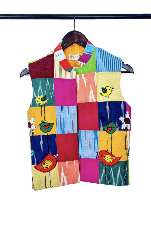 Pure hand-wooven cotton patch jacket emellish with hand-embroidery