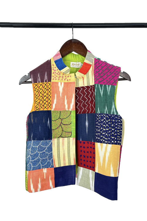 Pure hand-wooven cotton patch jacket emellish with hand-embroidery