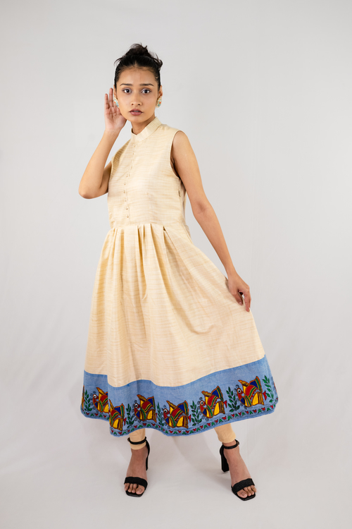 Pure hand-woven cotton sleeveless dress. Embalished with Mithila art of peacock  on border.