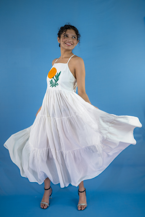 Pure hand-woven cotton maxi dress with noodle straps