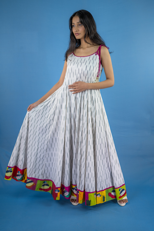 Pure hand-woven ikkat cotton long maxi dress with 5 meter ghera