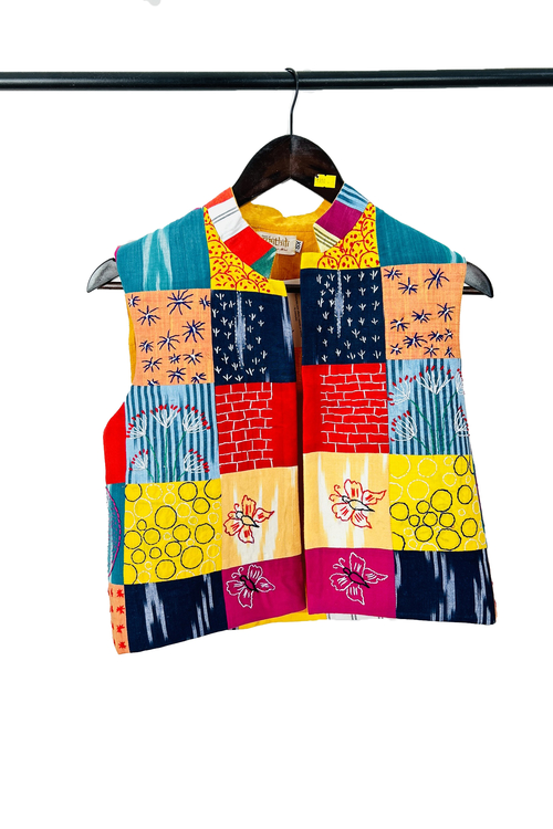 Pure hand-wooven cotton patch jacket emellish with hand-embroidery