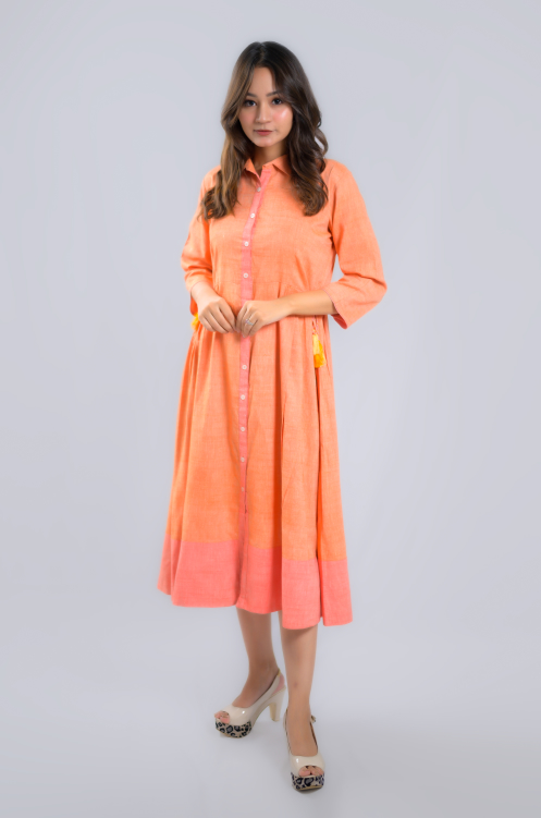 Pure handloom cotton long shirt dress, with 3/4TH  sleeves, front opening and  side slits.