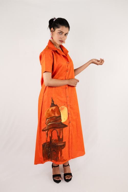 Pure hand-woven cotton long shirt dress, front open with wooden button details, half-sleeves.