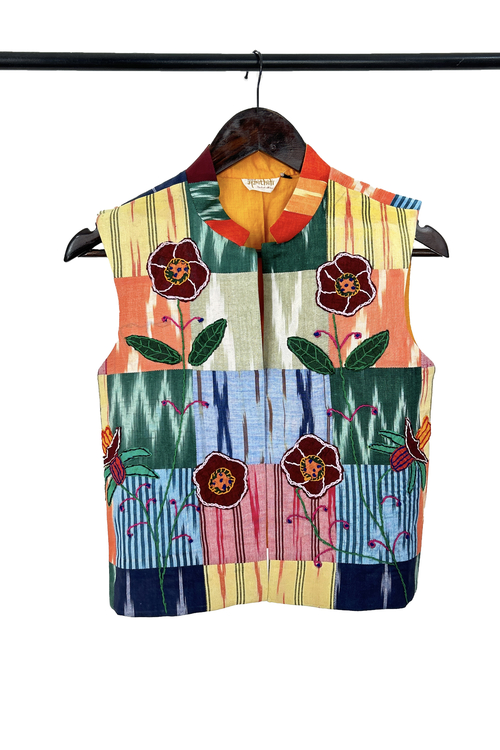 Pure hand-wooven cotton patch jacket emellish with hand-embroidery